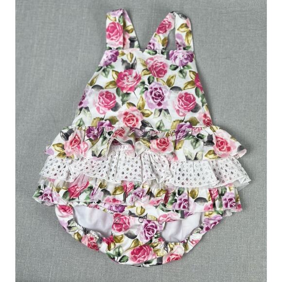 Rare Editions Pink Floral Flower Print Romper 24 Months Wedding Formal Photo EUC - Picture 1 of 6